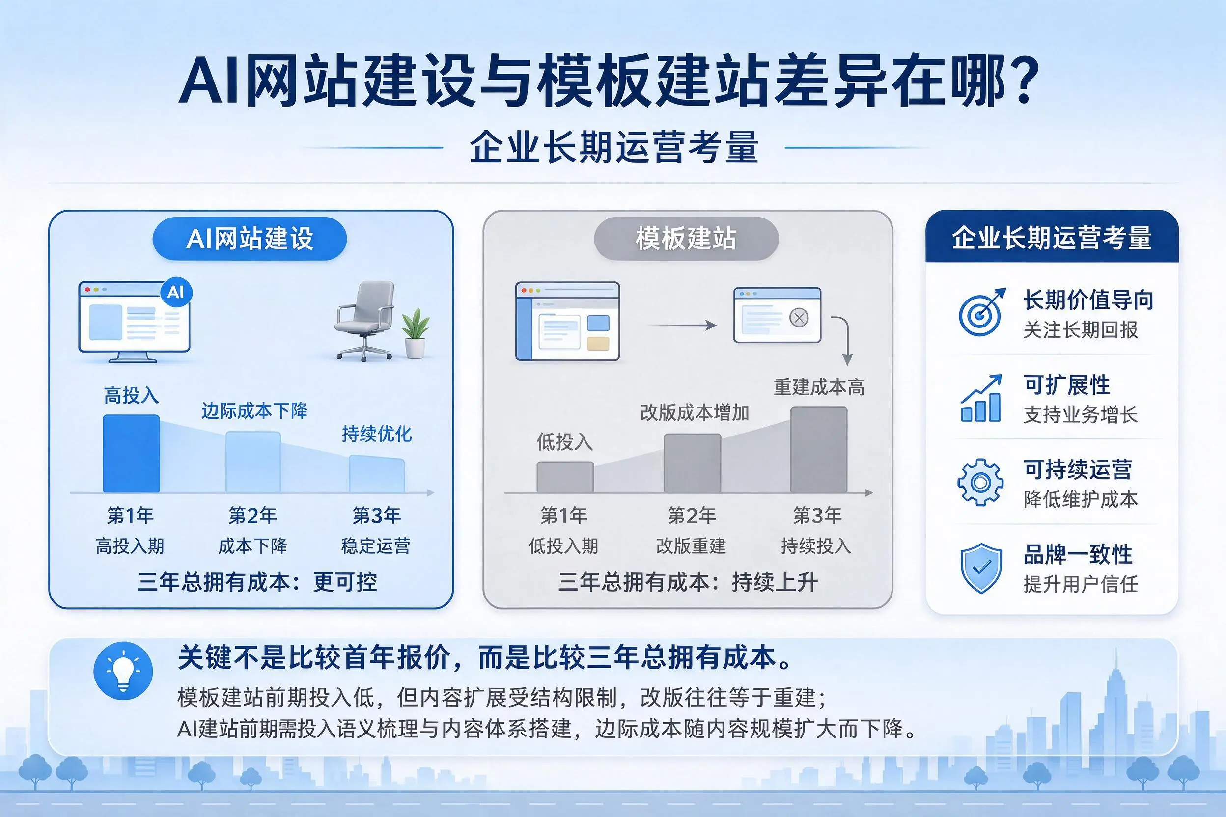 AI网站建设与模板建站差异在哪?白杨企业长期运营考量